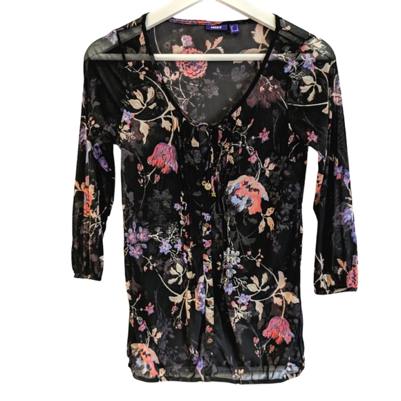 MEXX Floral Sheer Black Blouse 3/4 sleeve Size S Small - Picture 1 of 8